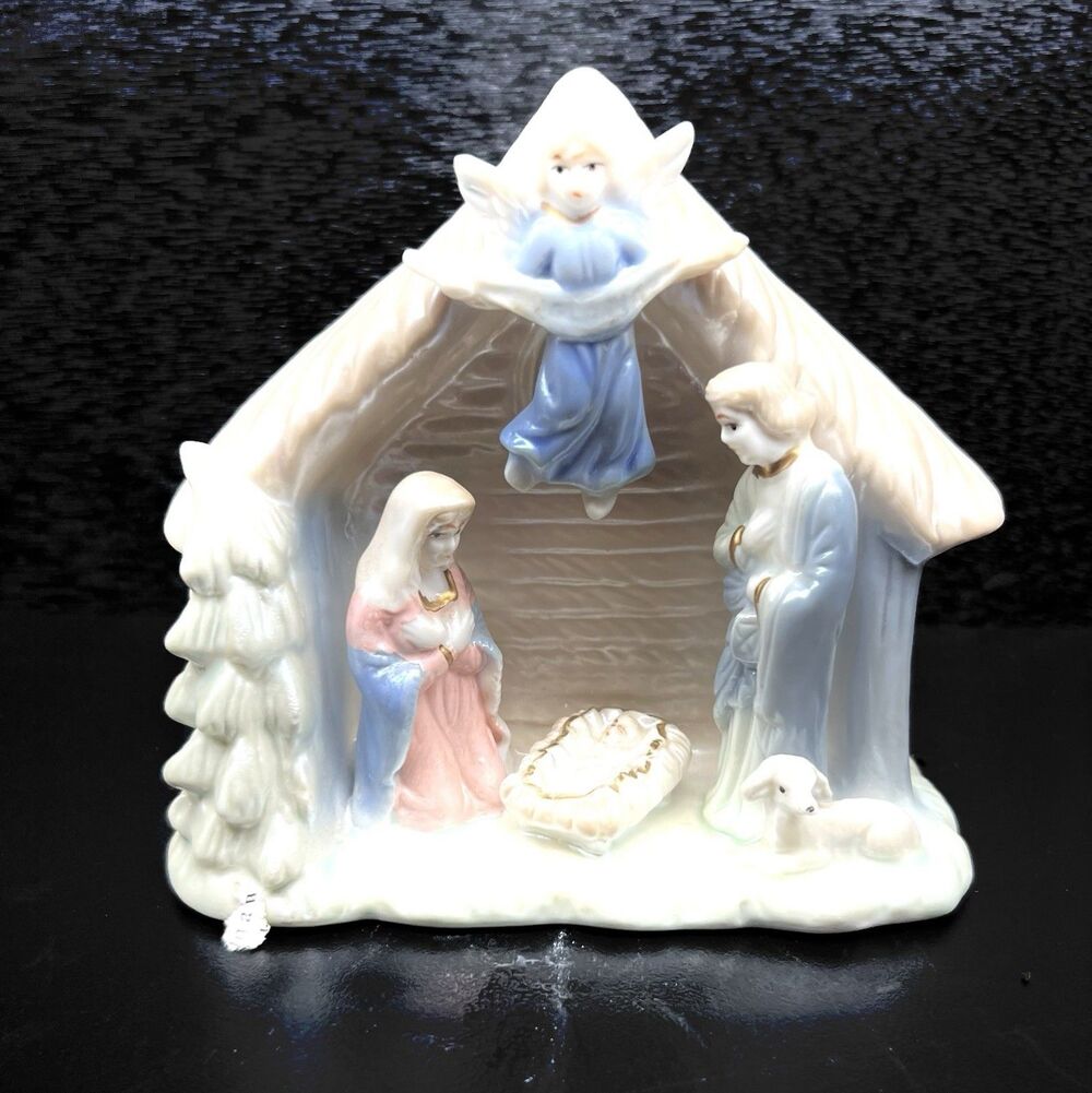 Vintage Ceramic Nativity Manger Scene Pastel Iridescent Handpainted 5x5"